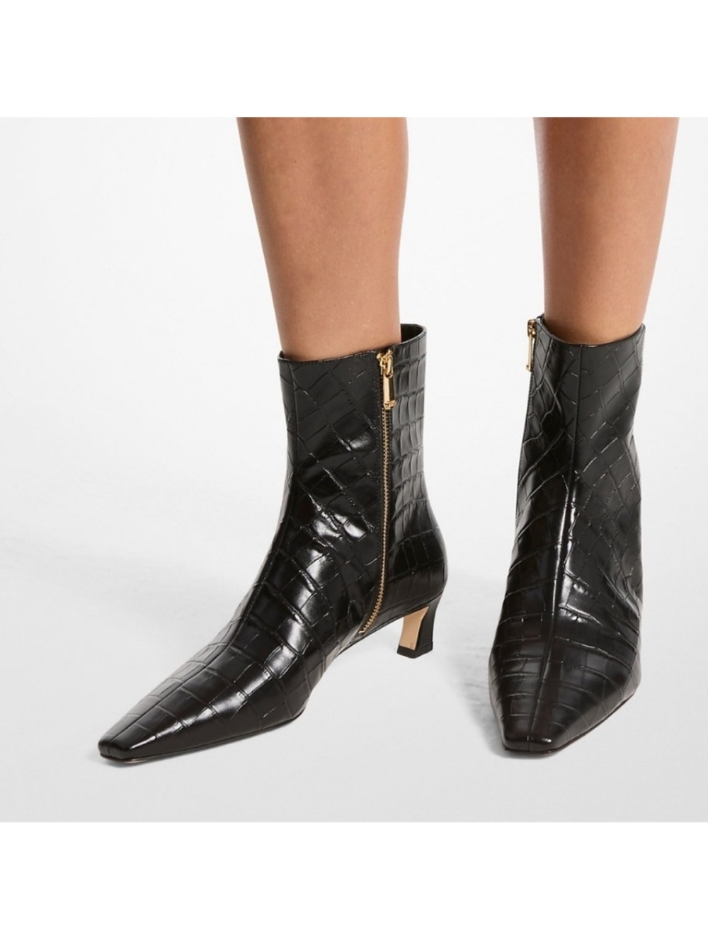 Michael Kors Black Croc-Embossed Pointed Toe Ankle Booties with Gold Zipper
